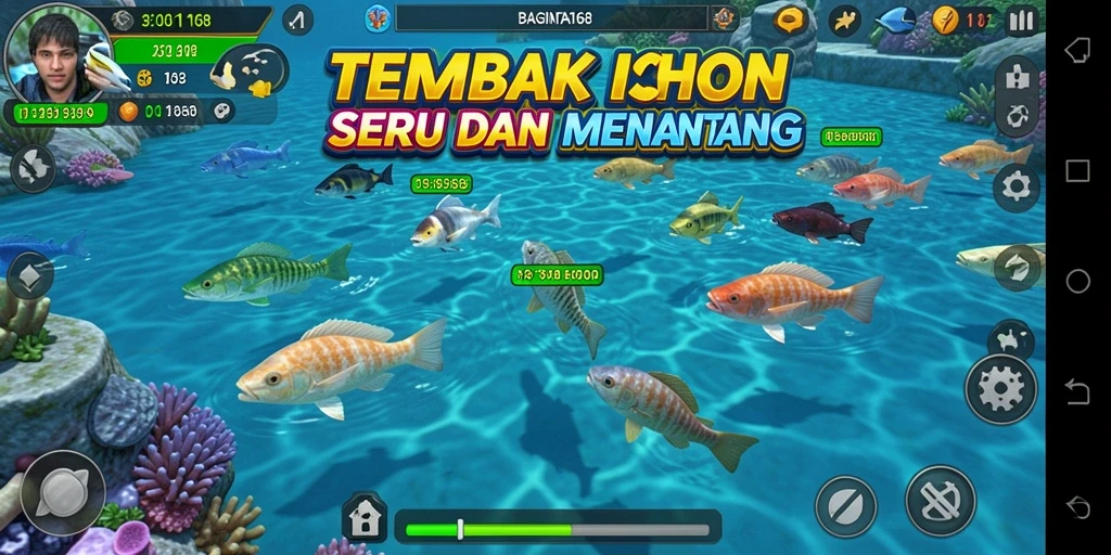 Tampilan gameplay seru dalam BAGINTA168 dengan berbagai ikan yang bisa ditangkap.