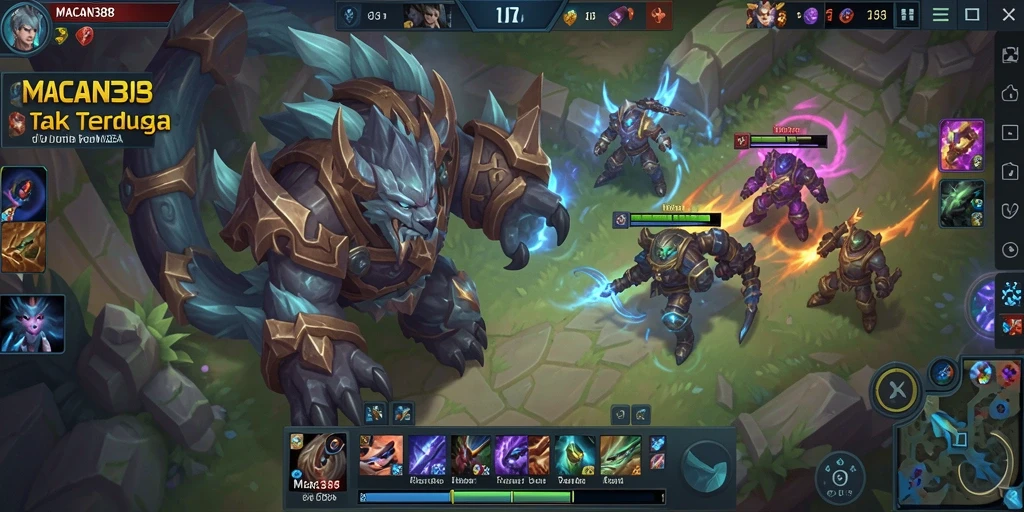 Screenshot utama menampilkan aksi pertarungan seru dalam game MOBA.