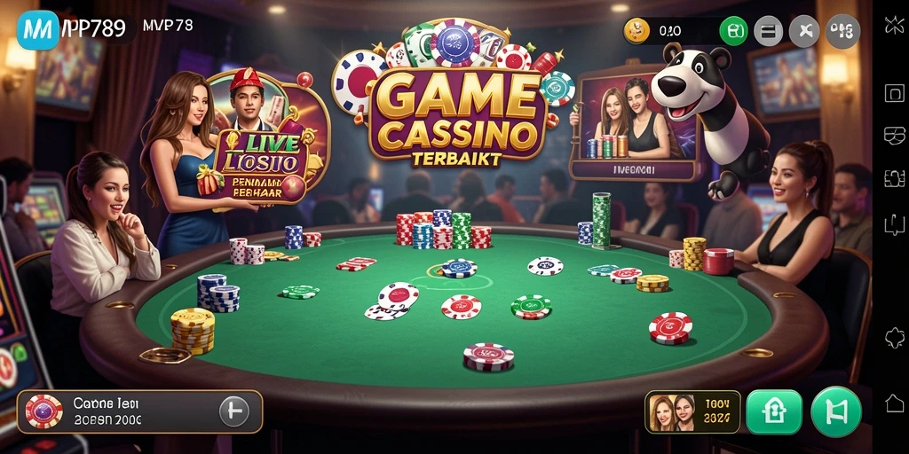 Screenshot menampilkan gameplay Live Casino dengan dealer langsung yang interaktif.