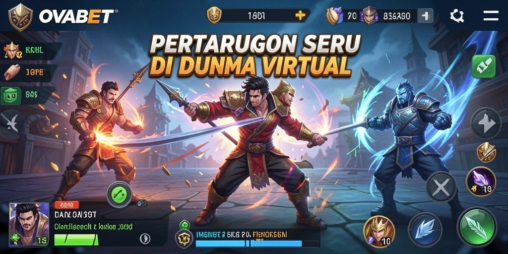 Screenshot utama OVABET menampilkan aksi pertarungan seru dengan karakter beragam.