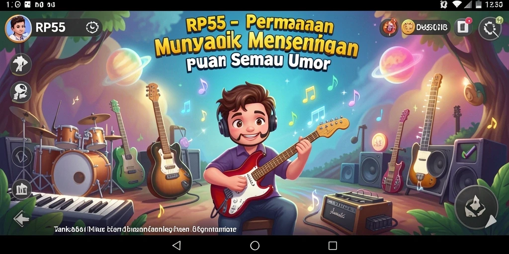 Screenshot utama RP55 menampilkan gameplay penuh semangat dengan musik yang memikat.